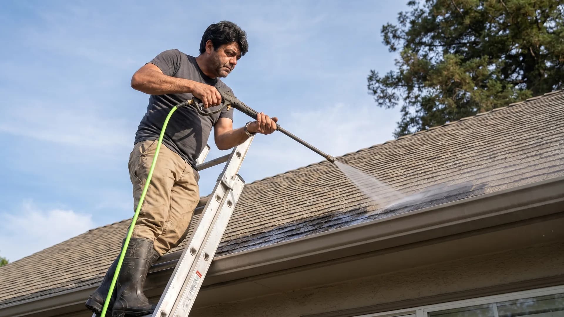 A roofline and eave being soft-washed from a ladder