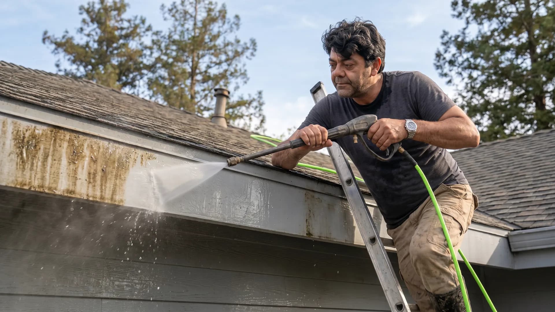 A roofline and gutter being cleaned from a ladder