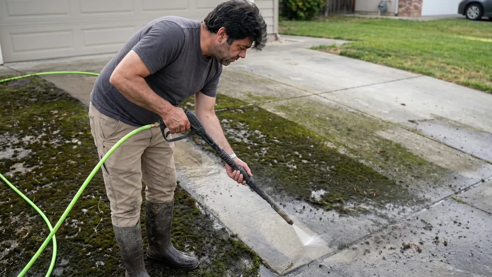 A concrete driveway being surface-cleaned