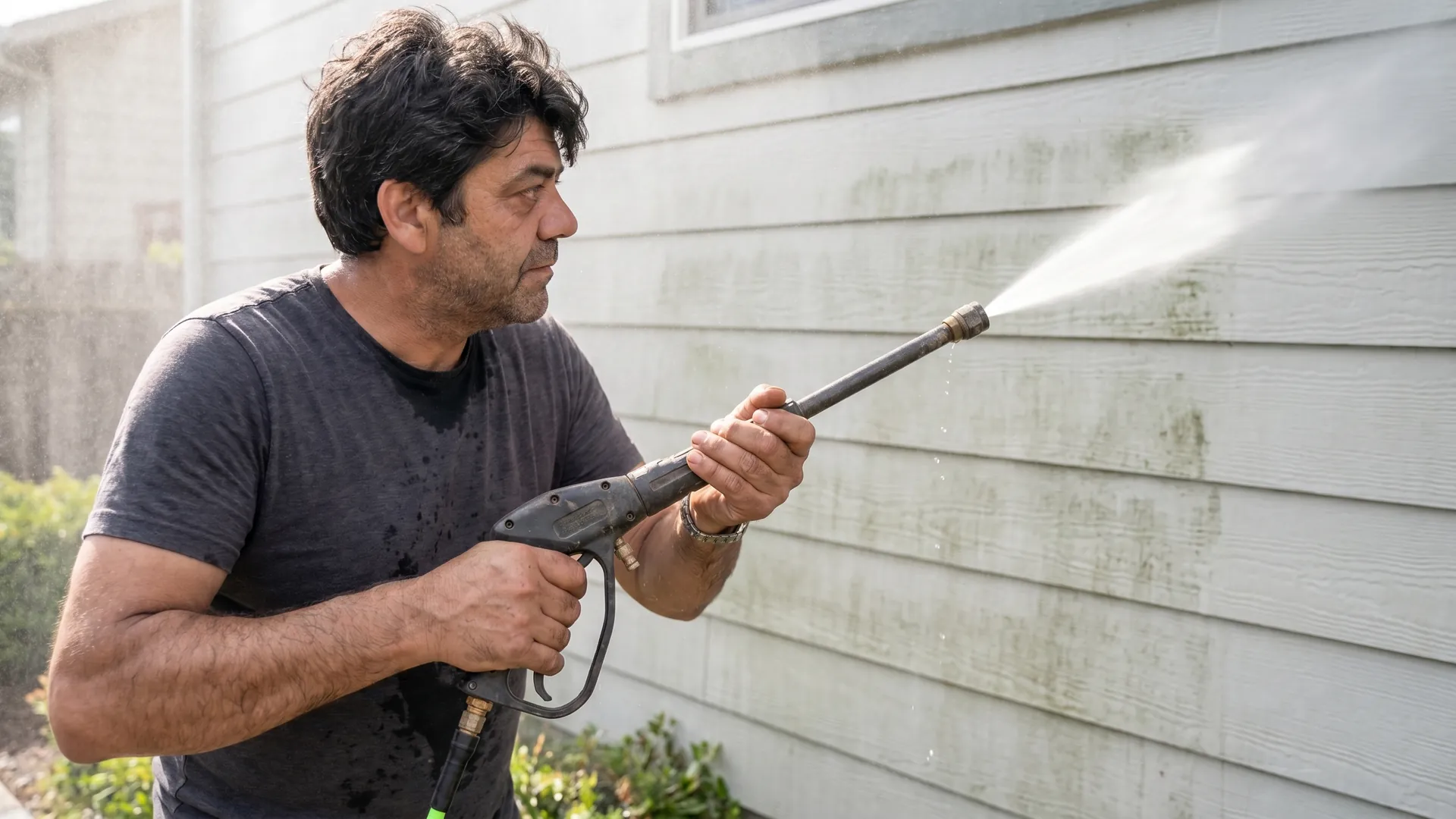 A home's lap siding being soft-washed clean