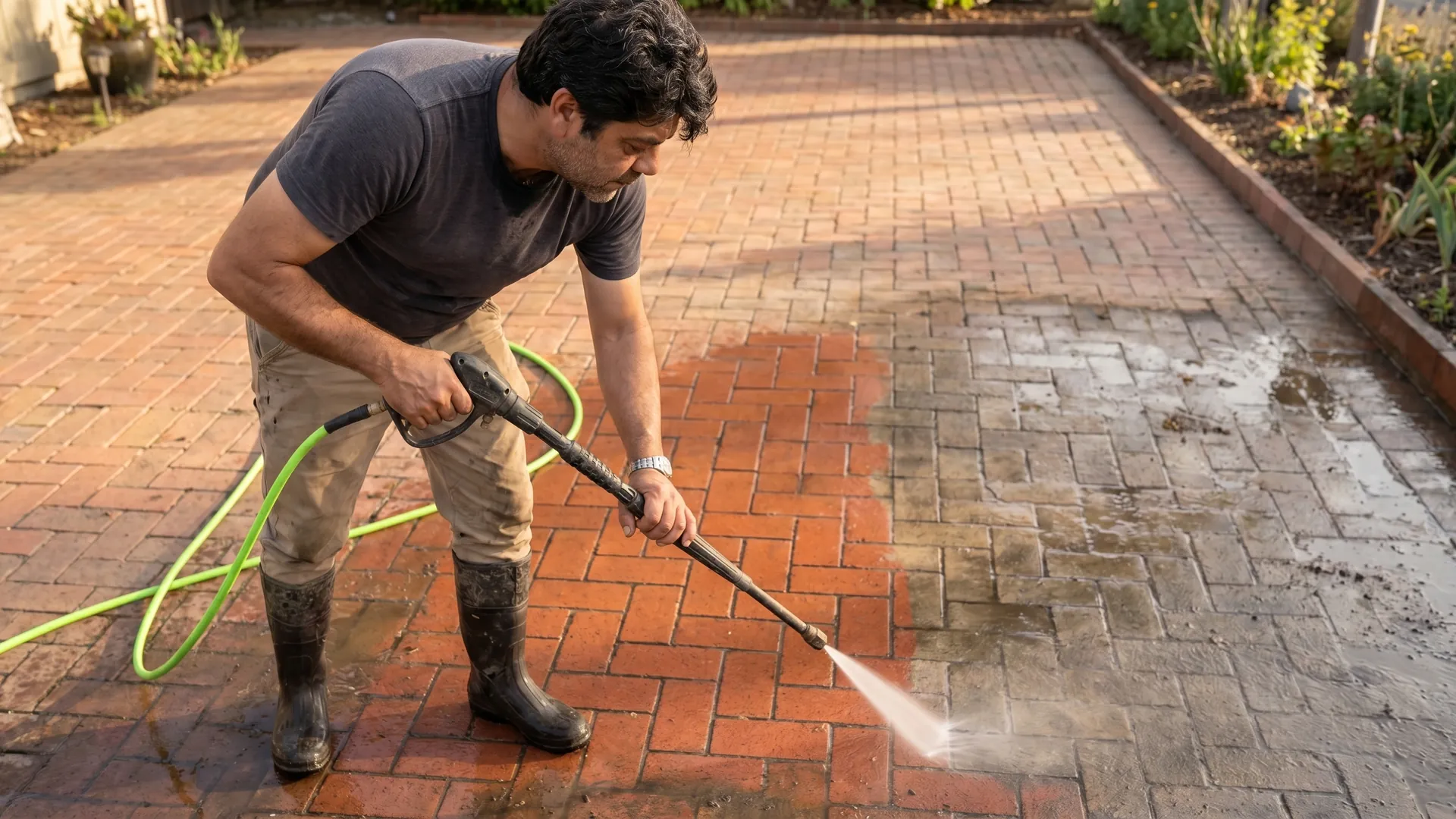 A brick walkway being pressure washed
